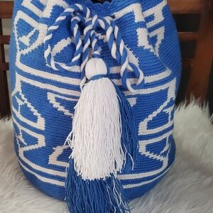 Blue and White Woven Bucket Bag-Hand Made